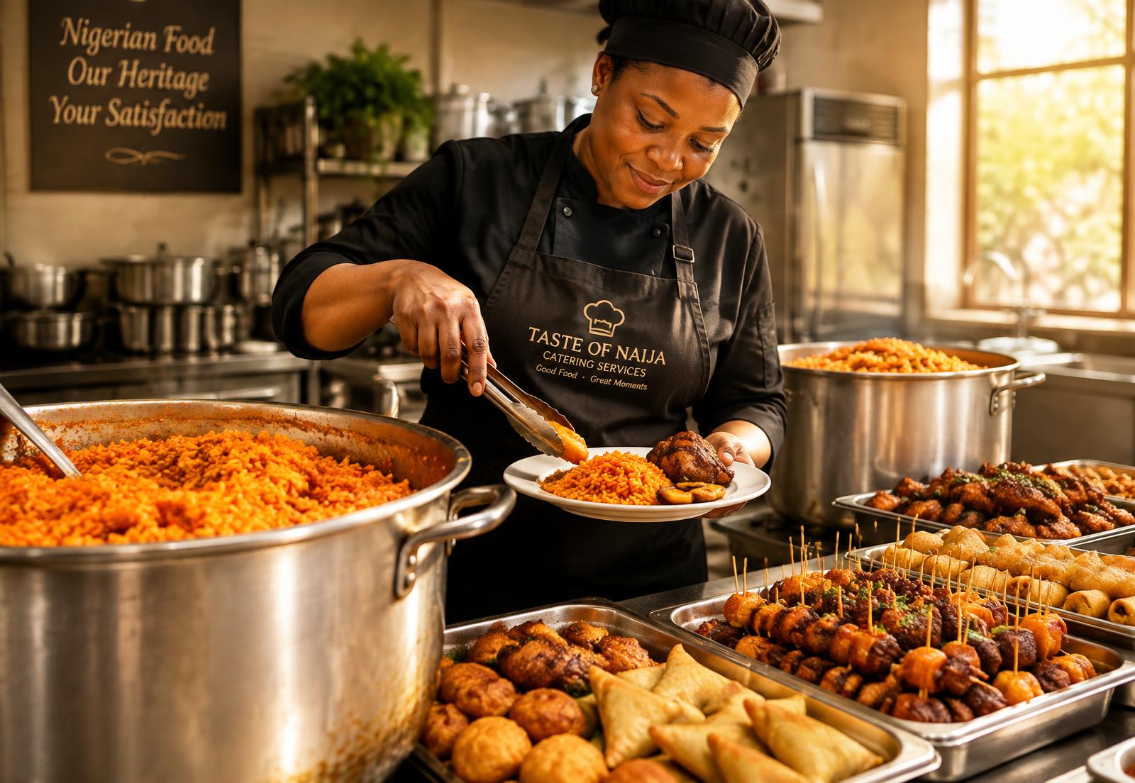 Caterer plating jollof rice and small chops in a busy kitchen